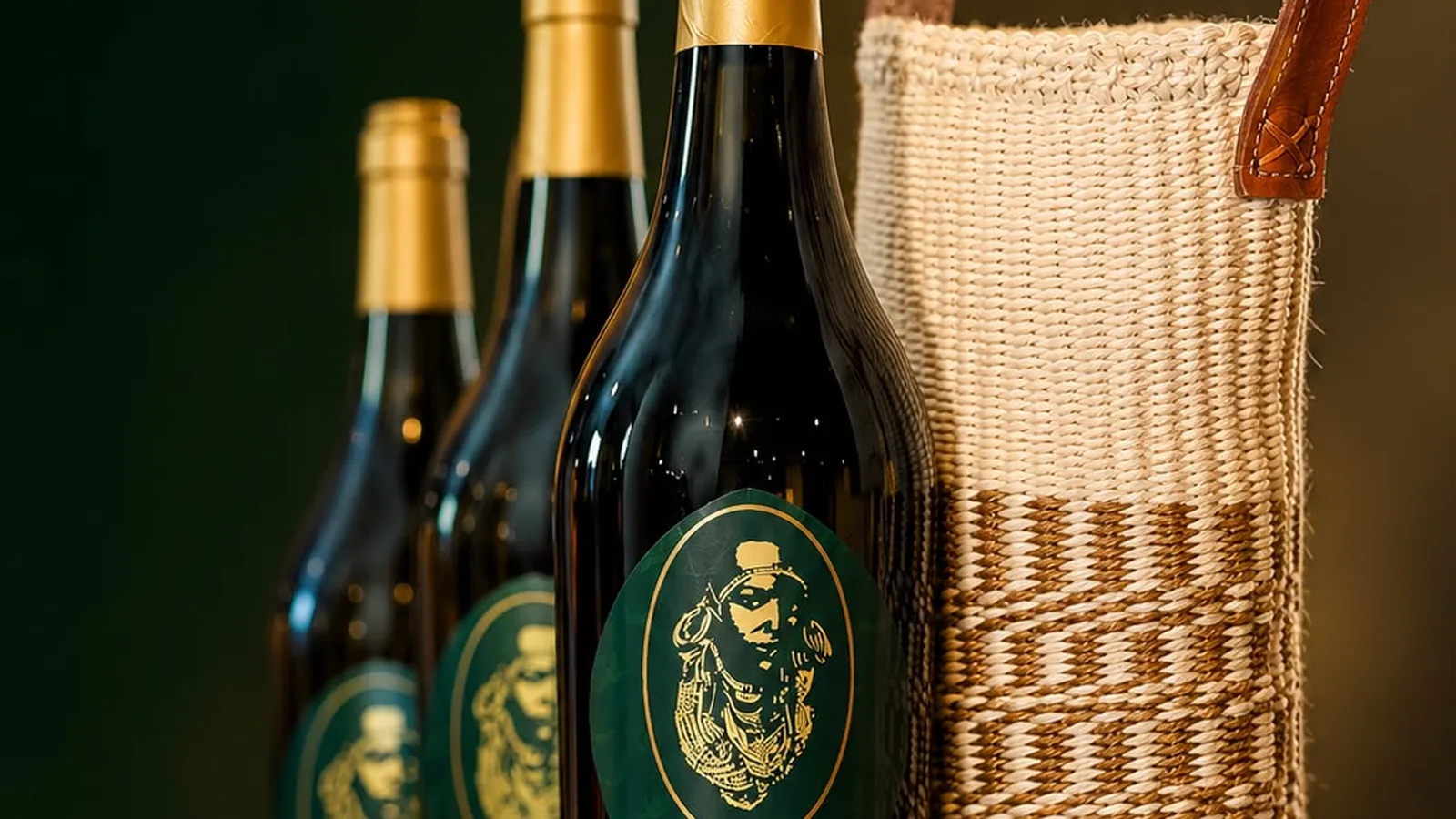 Bottles of Banny's Dry Banana Wine beside a woven banana-fibre carrier