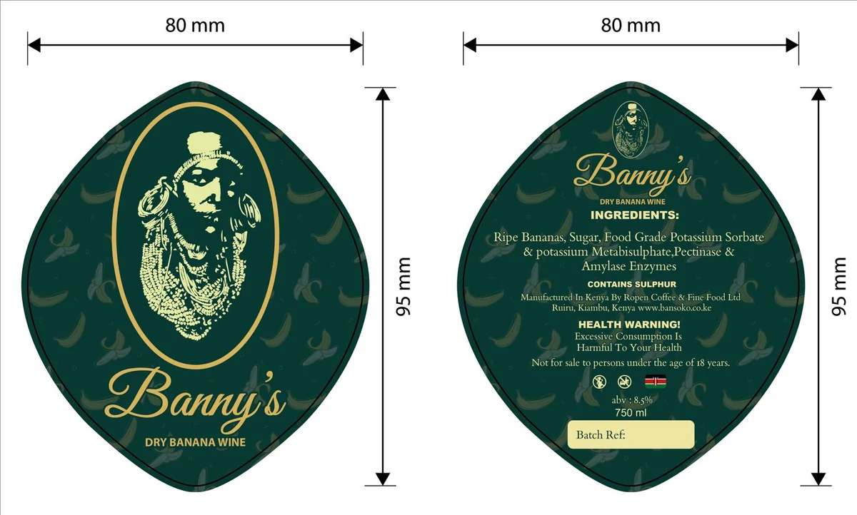 The Banny's Dry Banana Wine front and back label artwork